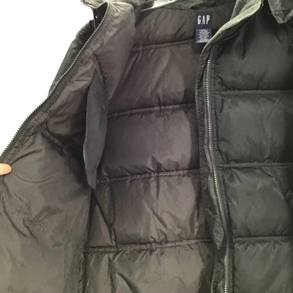 Gap Hooded Down Puffer Jacket Fleece Collar Winter Warm Black/Gray Size Small - Picture 7 of 8